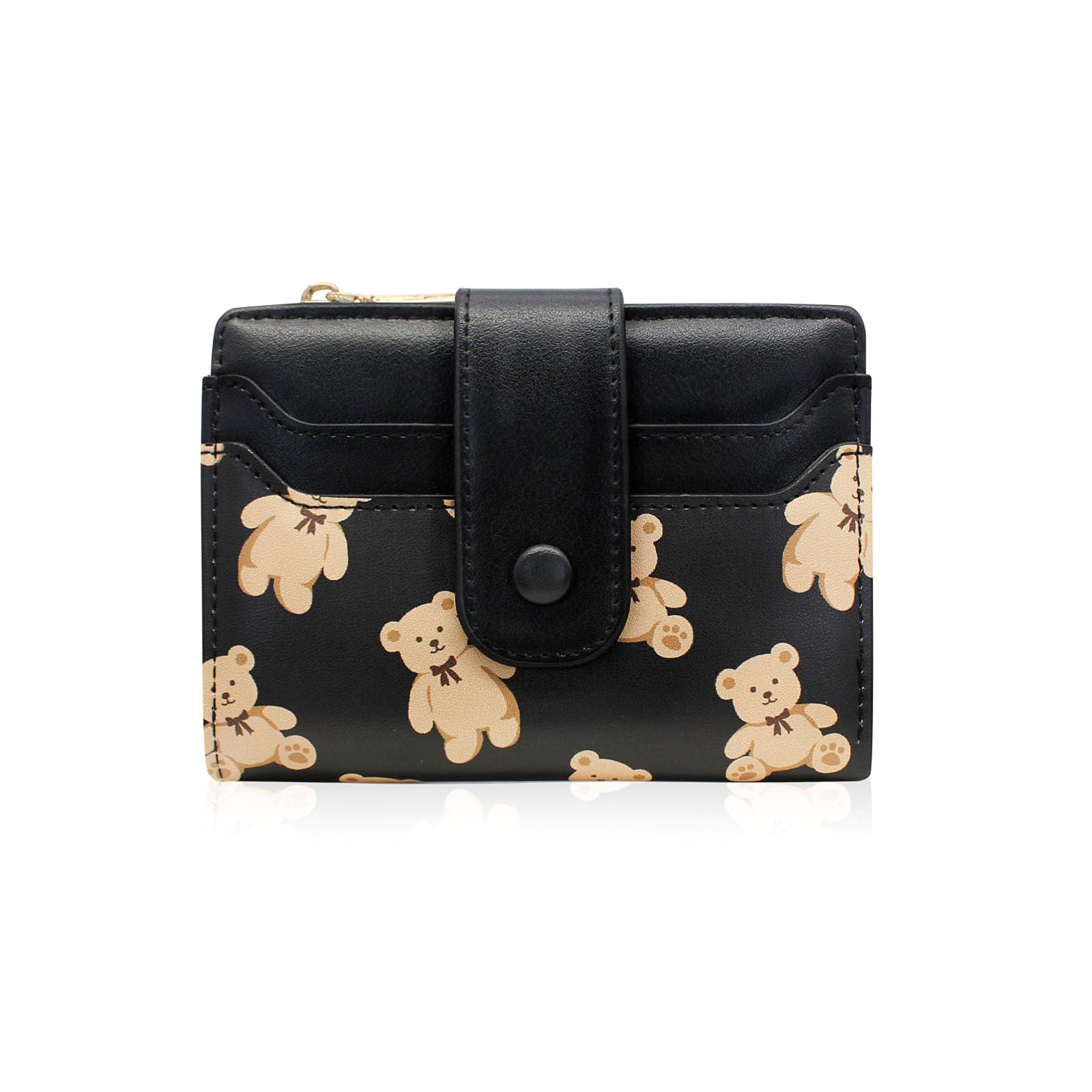 AfitLulu Cute Wallet for Women, Bear Print Zip Bifold Wallet with Front Card Slot, ID Window, Cash Slot, Short Women Wallet Elegant Youthful and Cute
