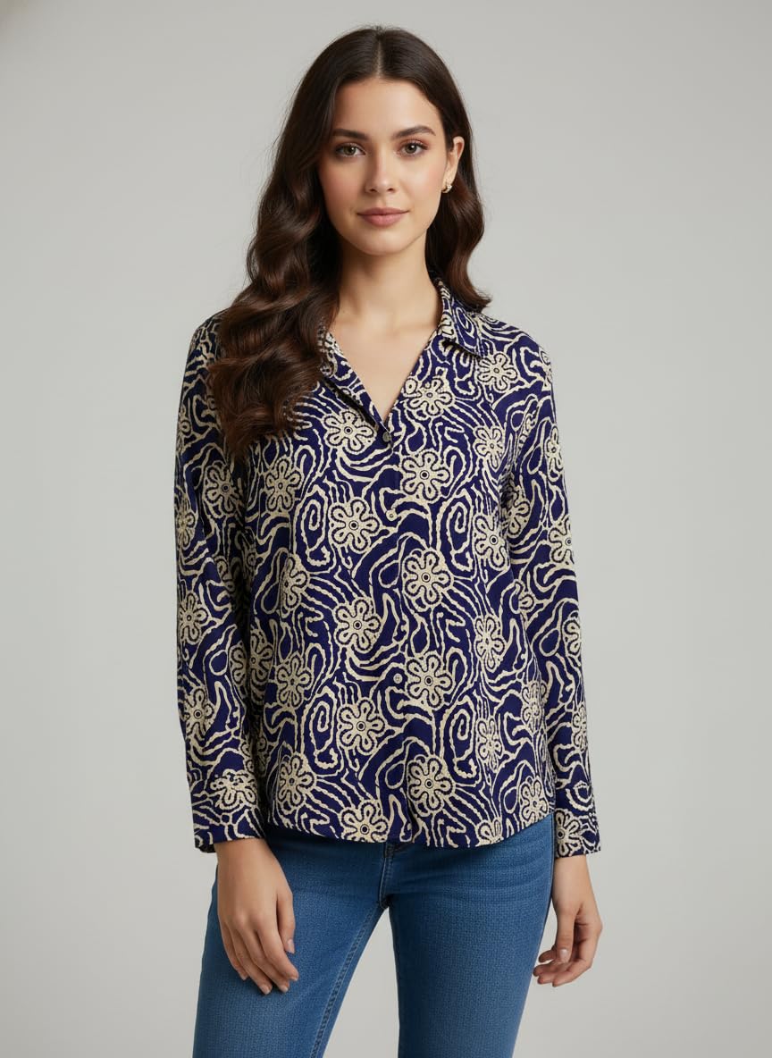 ANNI Designer Bedrucktes Damenhemd aus Baumwollmischgewebe, langärmelig, normale Passform, Hemdkragen, legere Bürokleidung, elegante Western-Kleidung für den Alltag, Hochzeit, Party
