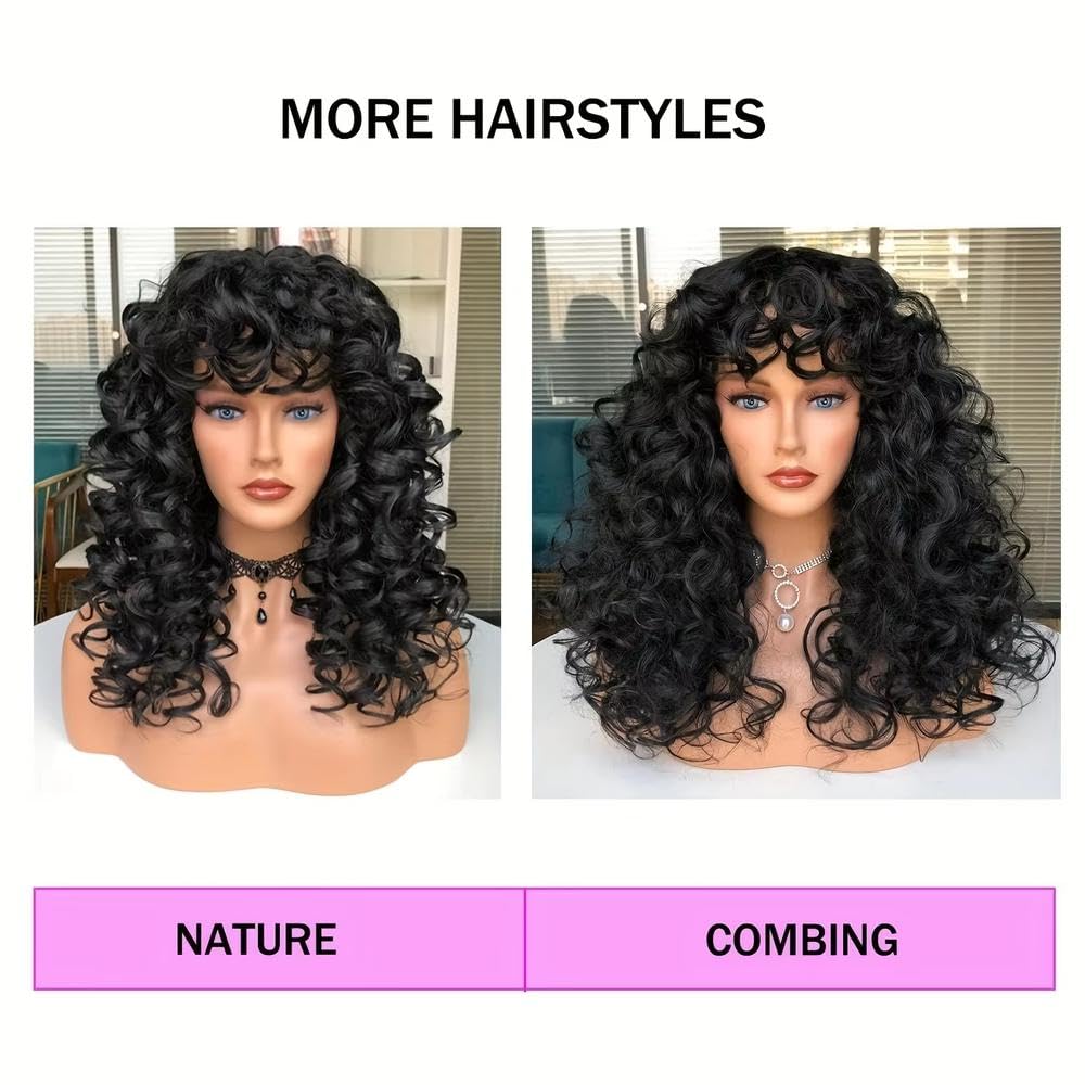 Haarpflege Schwarze Lockige Perücke Für Frauen Mit Pony. Schwarze Lockige Haarperücke Für Den Täglichen Gebrauch Und Cosplay