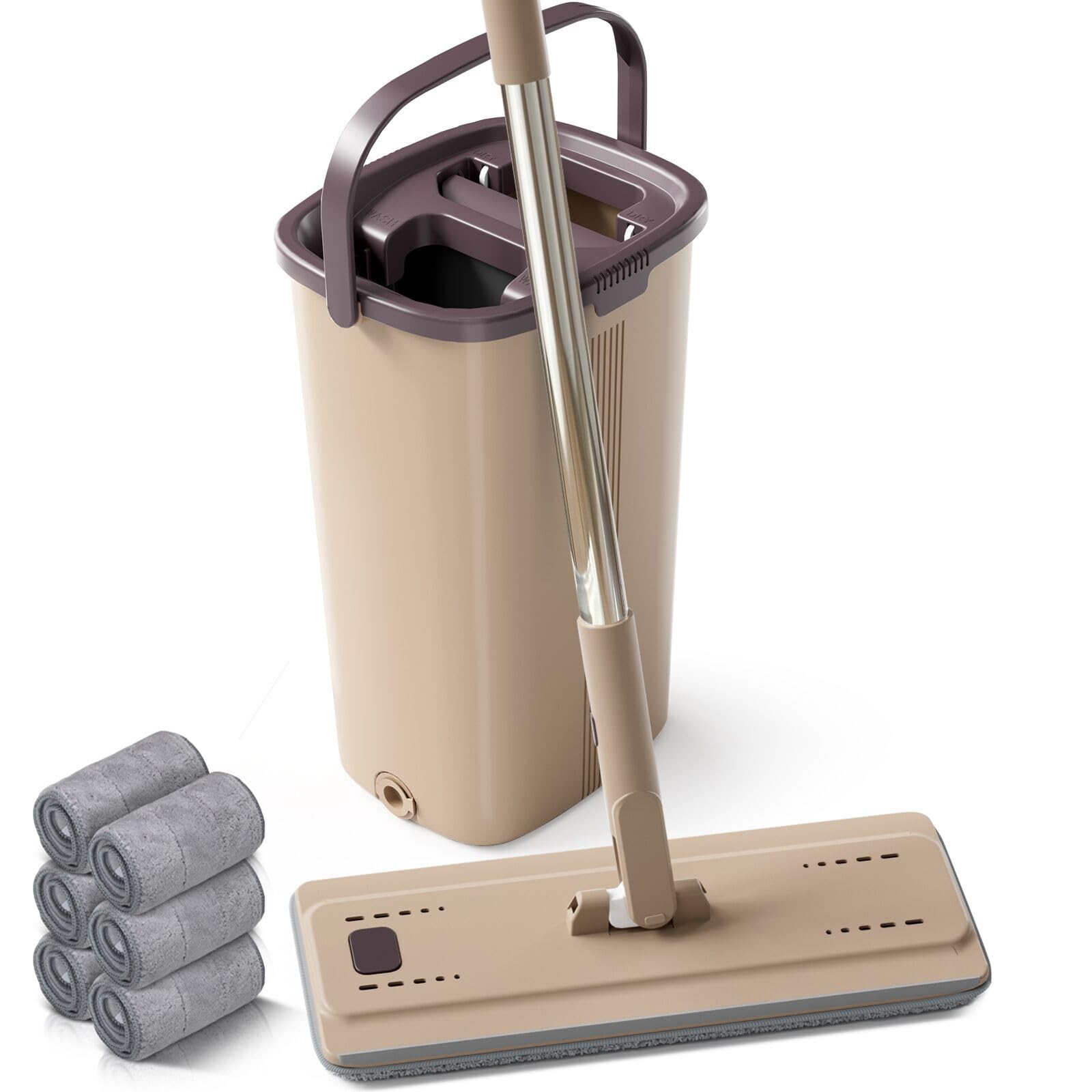 Masthome Wischmopp Set mit Eimer, 2 In 1 Putzeimer mit Wischmop, Flacher Bodenwischer mit 6 Mikrofaser-Wischpads Hand-Frei Mopp Set und Eimer für Hartholz, Braun