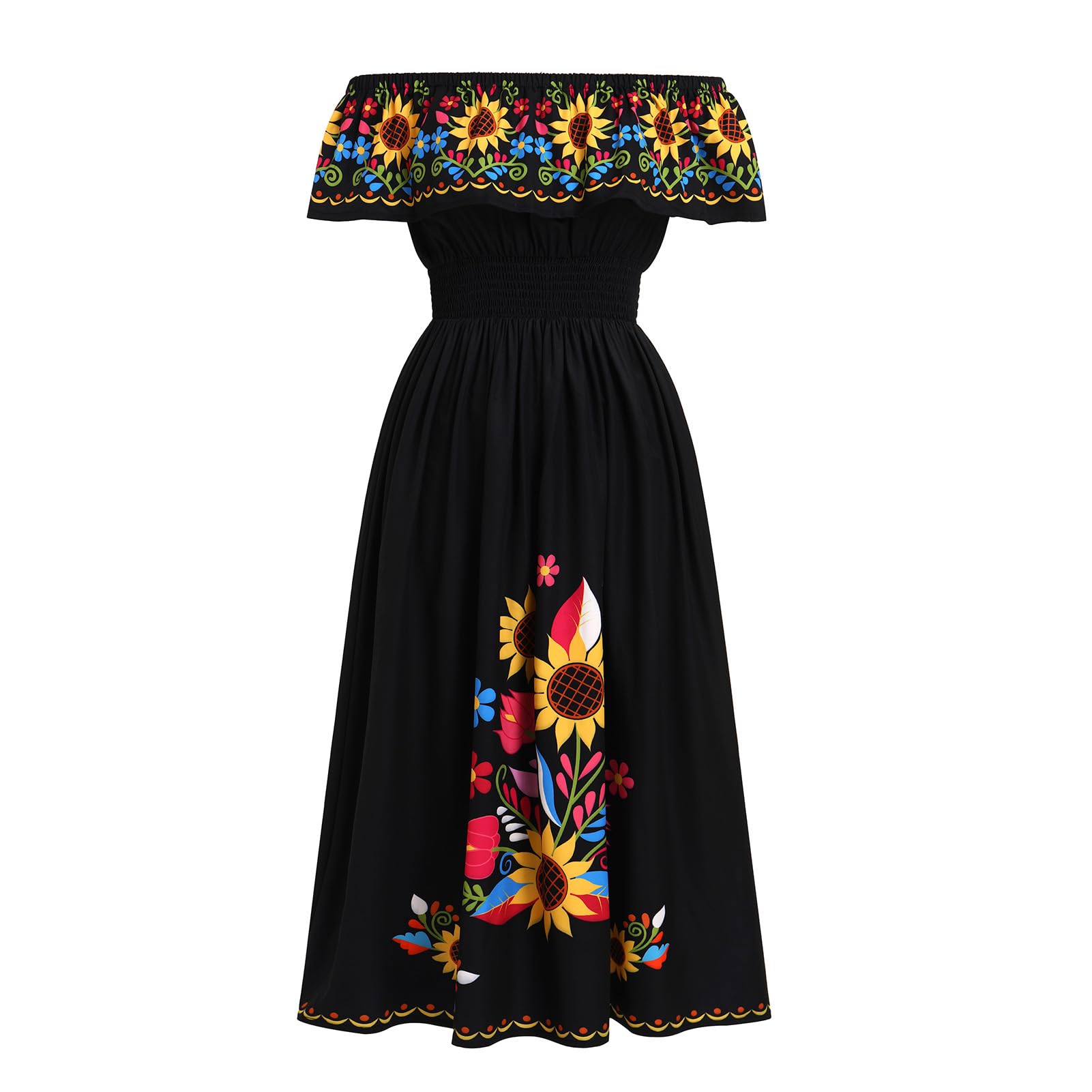 ABEHIK Mexican Dresses for Women Traditional Off Shoulder Summer Floral Sunflower Fiesta Long Maxi Dress Cinco de Mayo Outfit