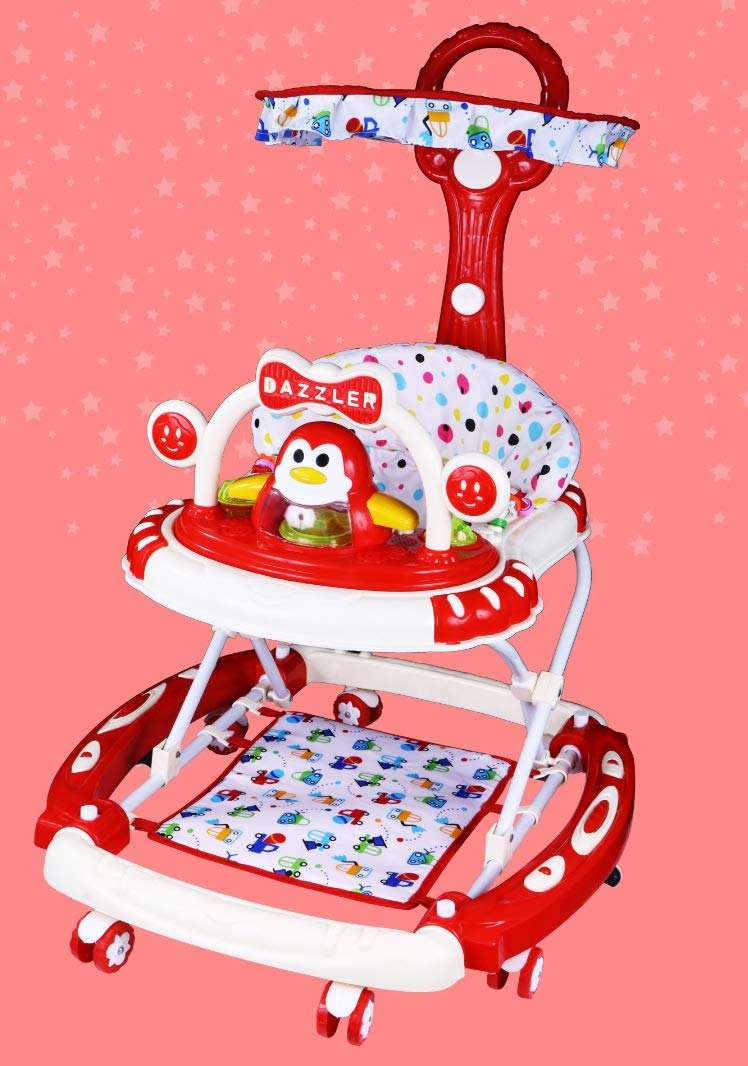 Amardeep Baby Walker 'Cum' Rocker with 3 Level Adjustable Height - Parental Handle - Musical Activity Tray - Feeding Section - Detachable Cushioned Seat - Stopper - Footmat - Sunshade - 360° Rotational Wheels - 6-18 Months-(Red)