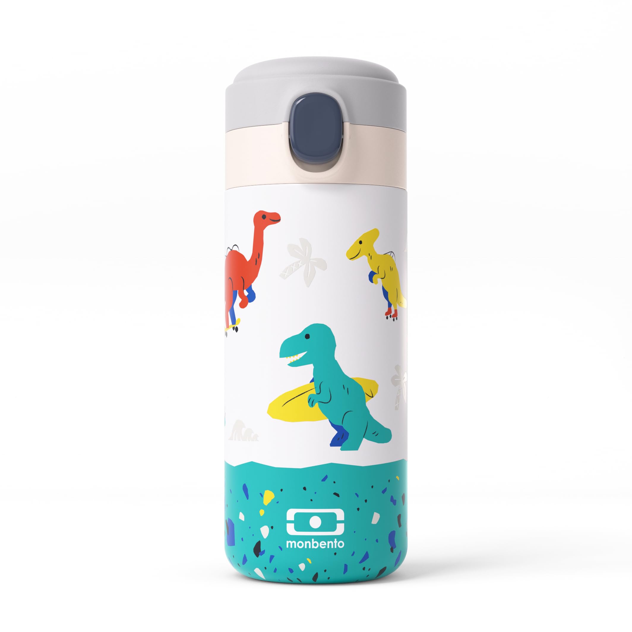 MONBENTO, Kids Insulated Water Bottle Pop Blue Dino, 360 ml/13 floz Kids Stainless Steel Water Bottle