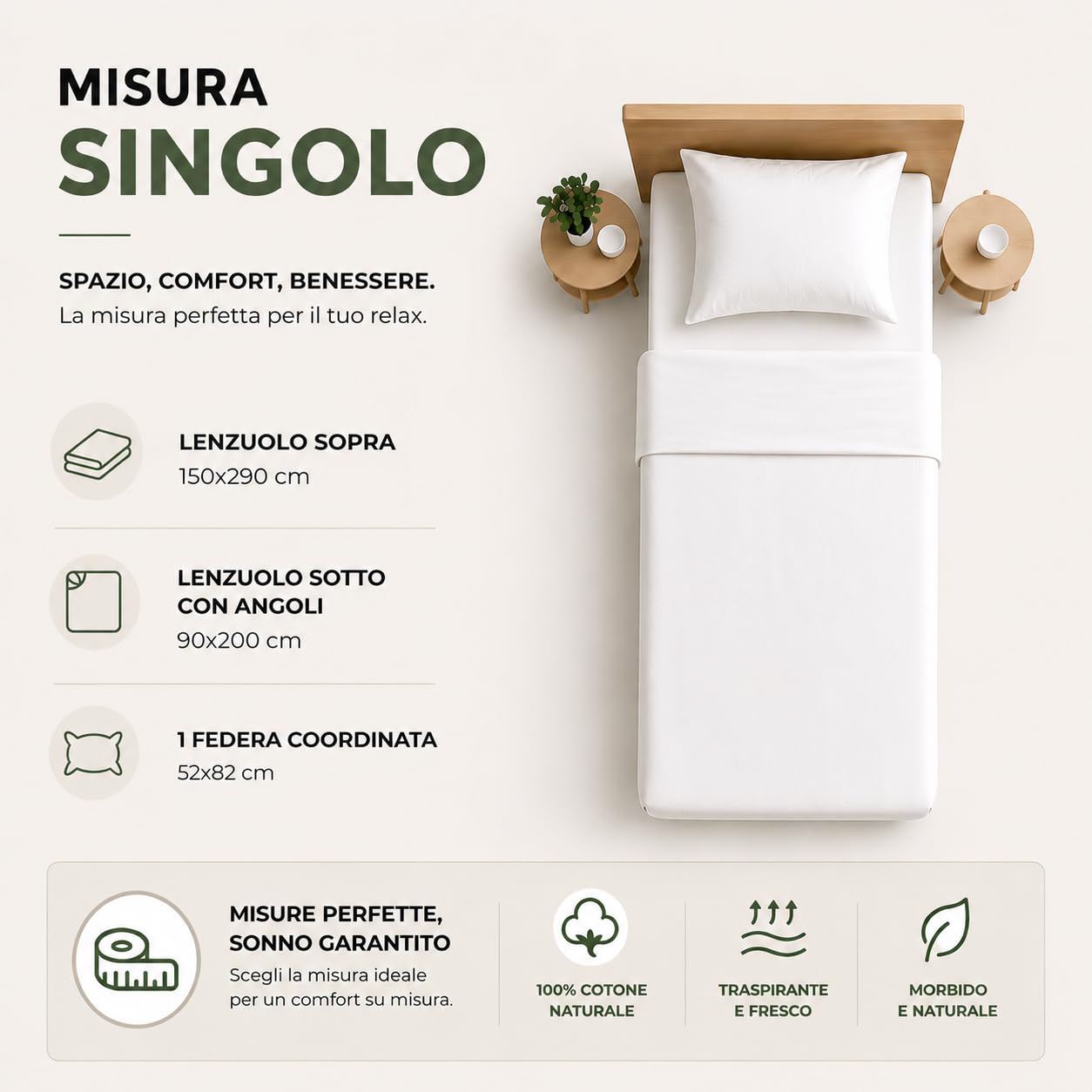 Set Lenzuola in 100% Puro Cotone, Completo letto, Lenzuola sotto con angoli, Sopra e Federa cuscino, Morbidezza e Comfort Naturale (M158 - Verde, Singolo)
