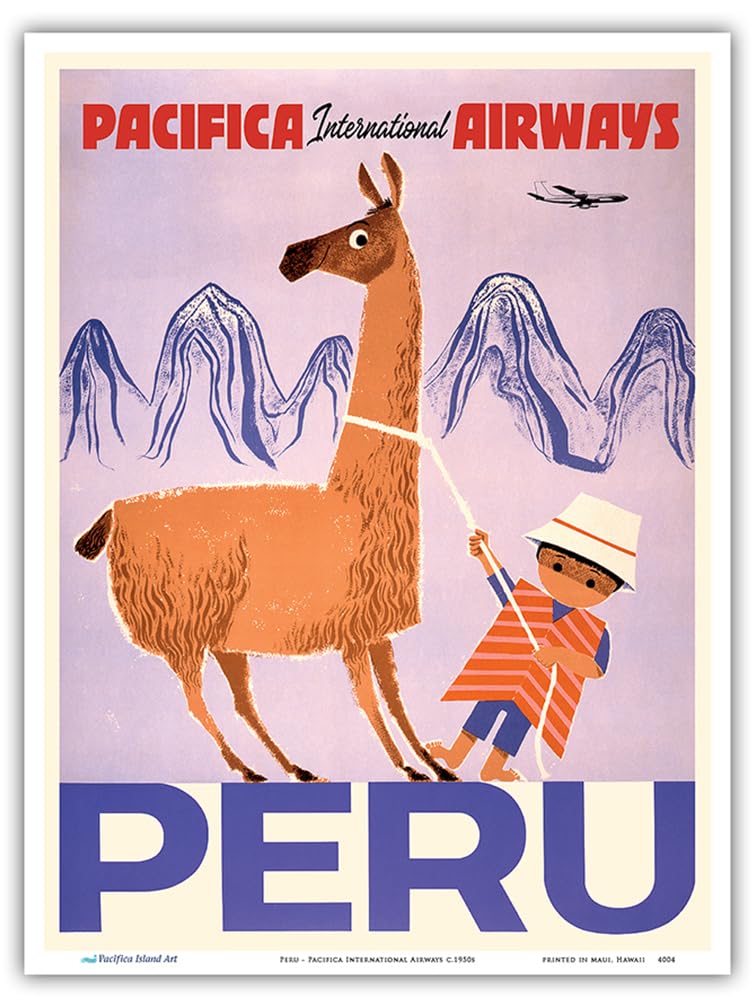 Peru - Pacifica International Airways - Native Boy with Llama - Vintage Airline Travel Poster c.1950s - Master Art Print (Unframed) 9in x 12in