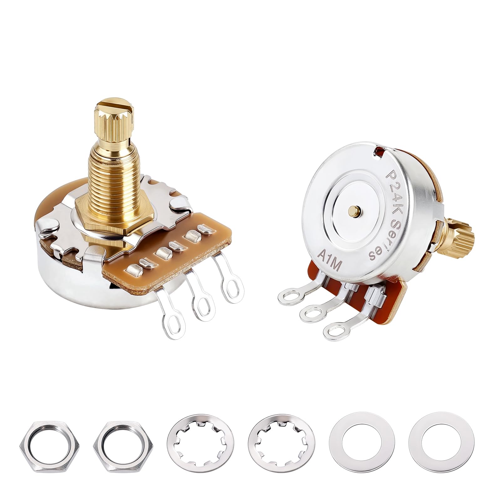 Banworks Brass A1MΩ M8 Thread Full Sized Electric Guitars Pots Metric 18-Spline Split Long Shaft (18mm Length) Audio Taper Potentiometers for Epiphone Les Paul LP/SG Squier Strat/Tele 2pcs JT/XNQ-16