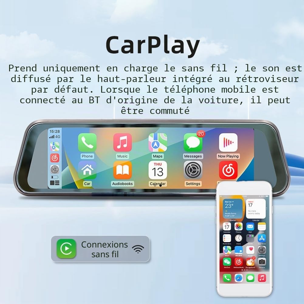 Écran Tactile de 9,36 Pouces sans CarPlay Car Stream Media Dashcam DVR Rétroviseur Caméra de Tableau de Bord Enregistreur Vision Nocturne