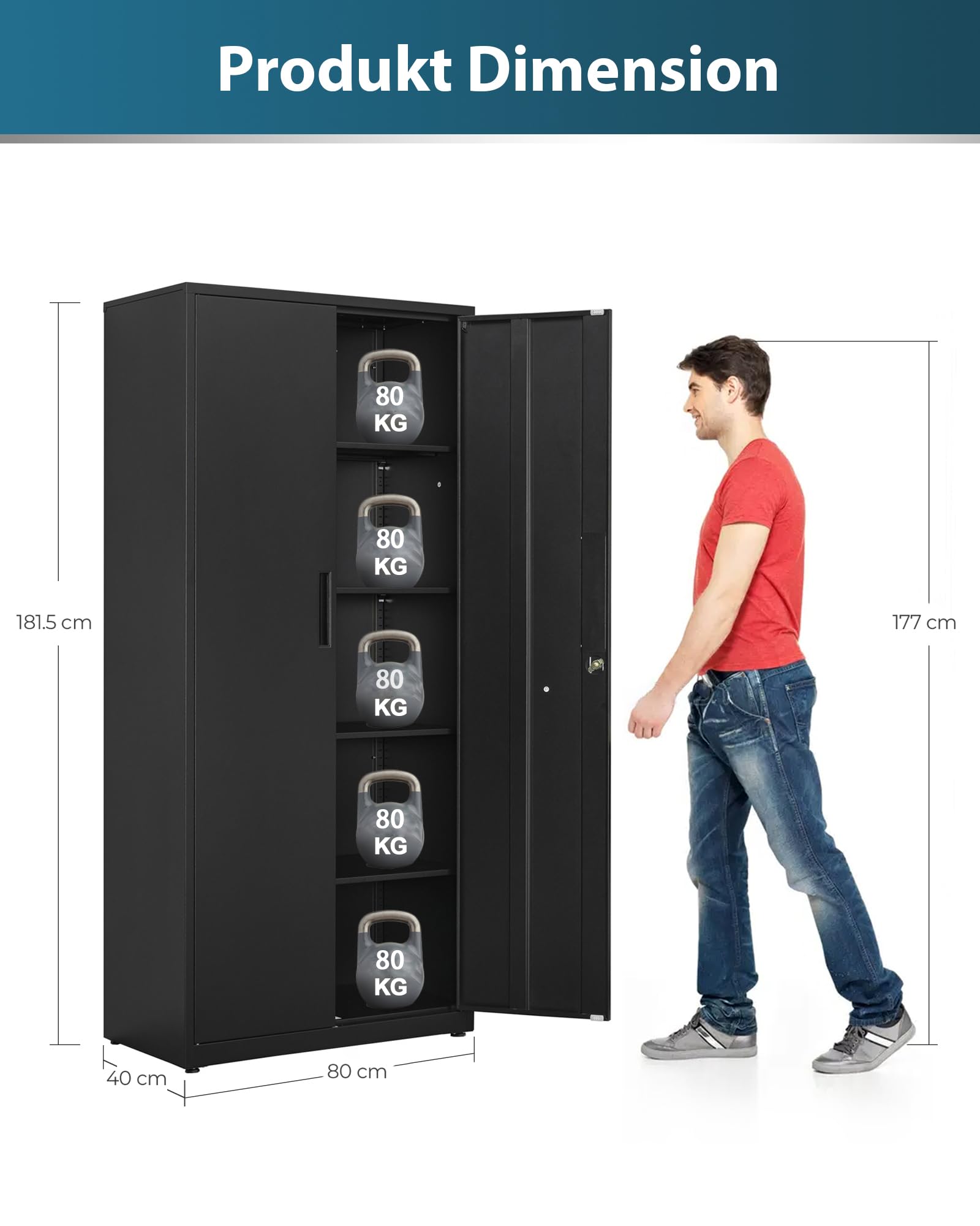 Aktenschrank, Mehrzweckschrank, Stahl-Aufbewahrungsschrank, 5 Ebenen Büroschrank, Werkstattschrank, 180 x 80 x 40 cm, Schwarz