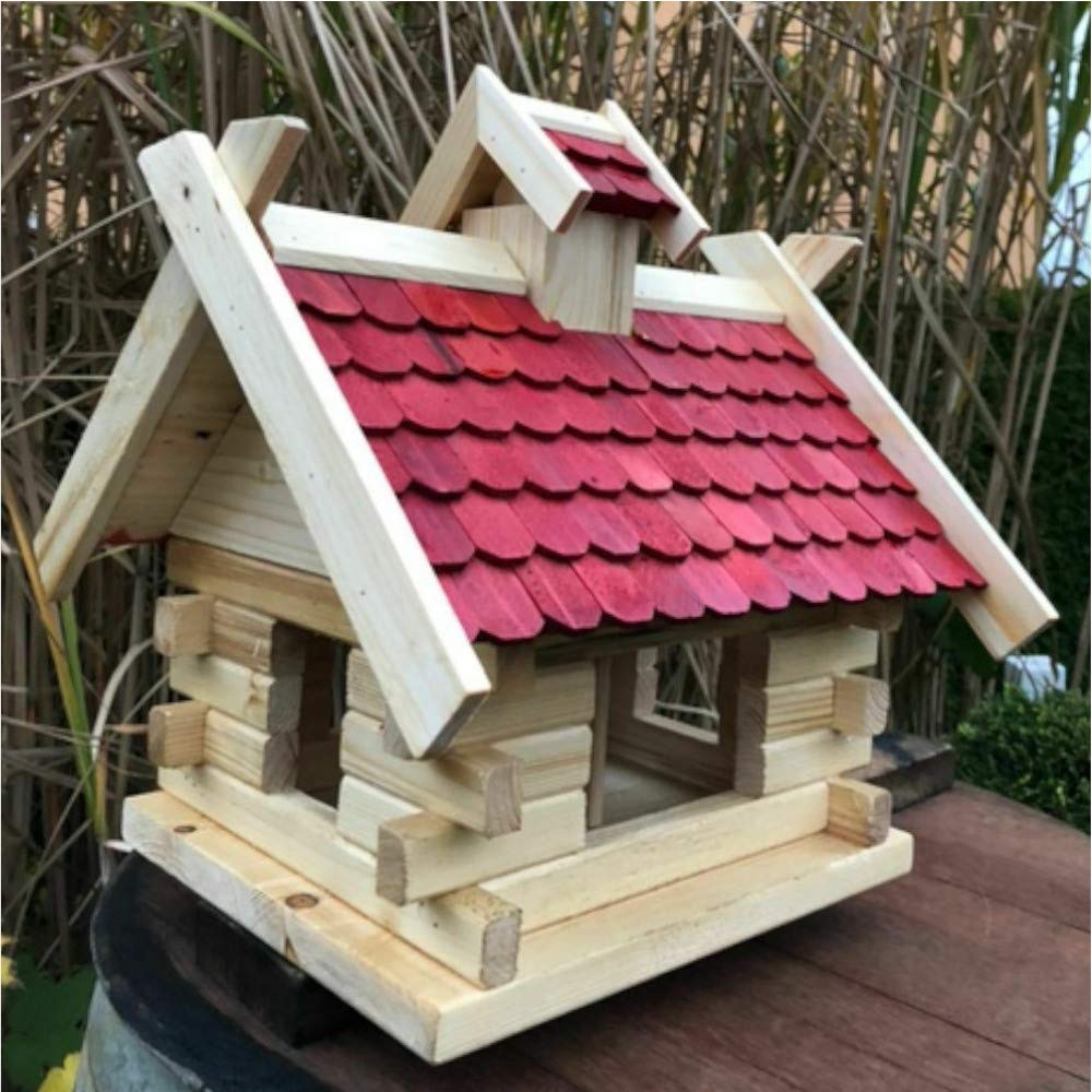 Comedero rectangular para pájaros de madera natural con marrón, marrón oscuro y rojo (natural/rojo/tamaño L con soporte)