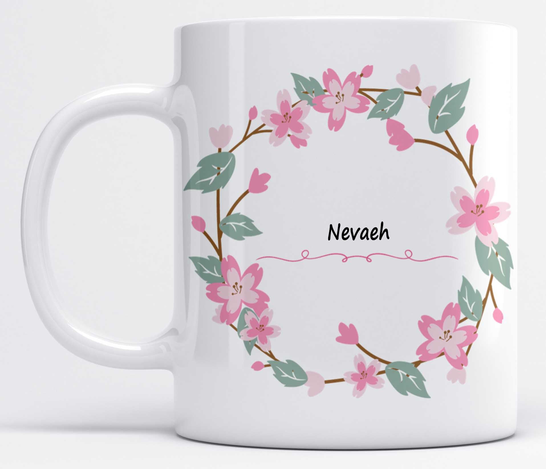 LOROFY Name Nevaeh Printed Pink Flower & Green Leaves Design White Ceramic Coffee Mug (350ML)