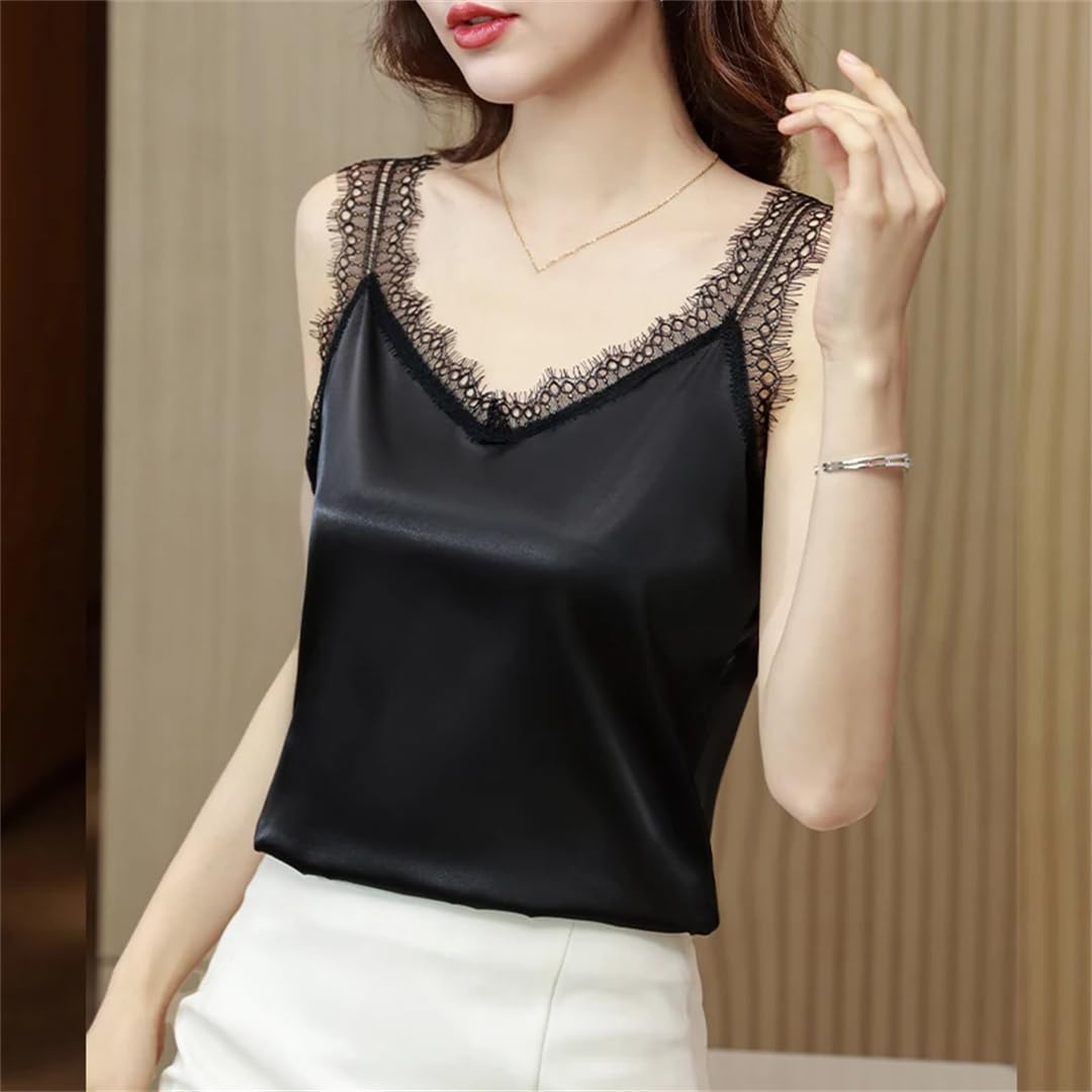 Top in pizzo da donna in raso con scollo a V estivo casual solido sciolto senza maniche