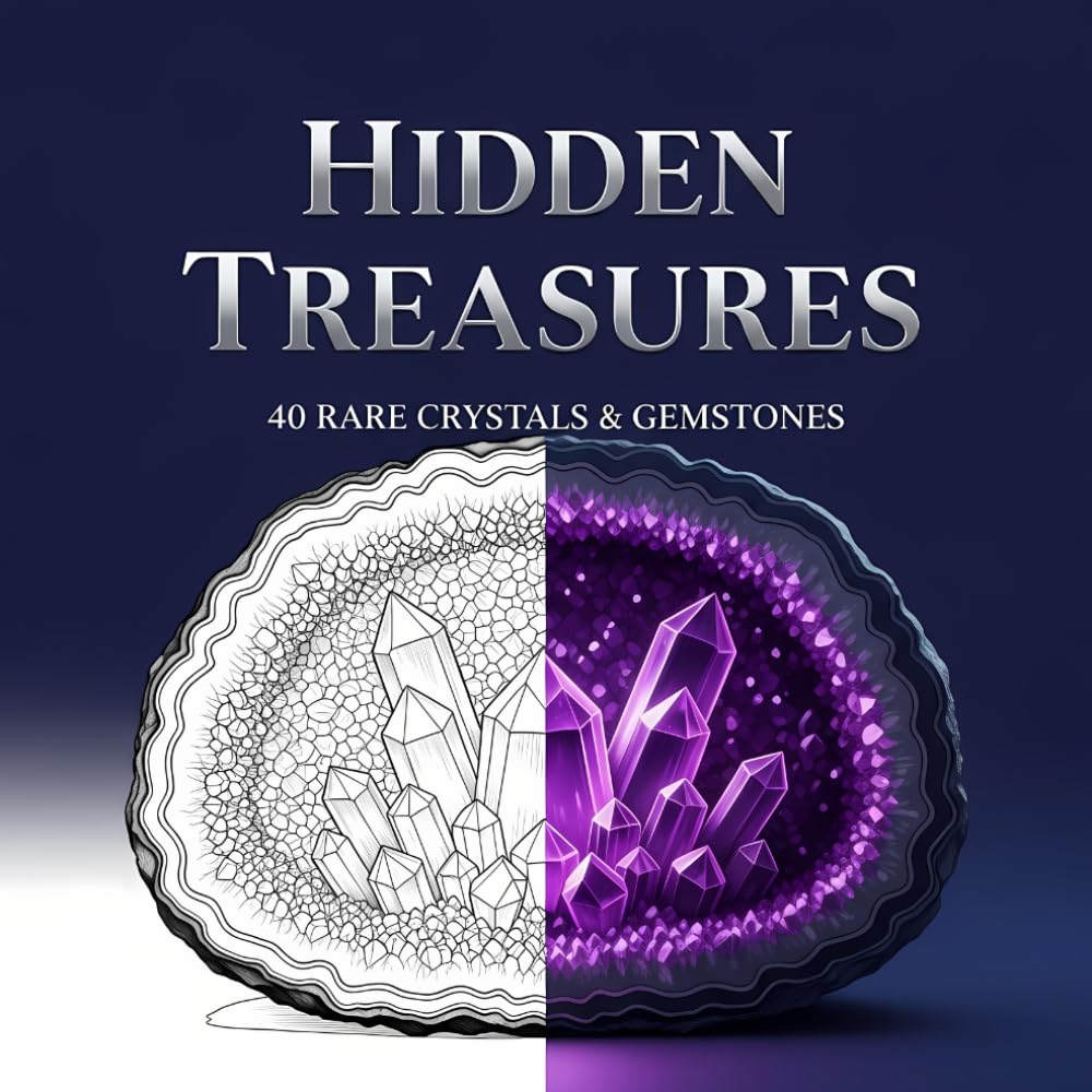 HIDDEN TREASURES: An Adult Coloring Book Featuring 40 Intricate Illustrations of Rare Crystals and Raw Gemstones with Scientific Names and Fascinating Facts: Volume 7 of the Mighty Nature Series