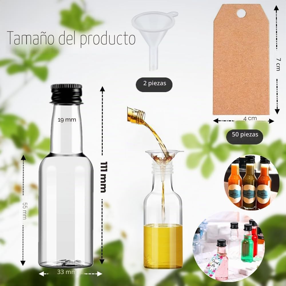 Mini Botellas Licor 50 ML con Tapón Rosca Negro 2 Embudos 24 Piezas