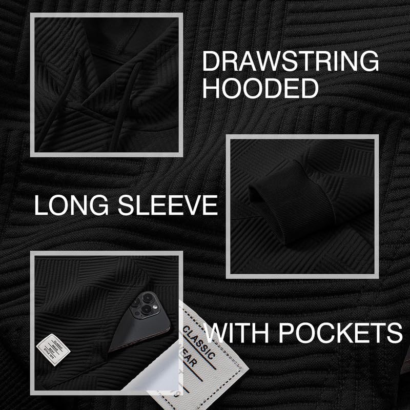 Men's Casual Soild Color Hooded Sweatshirts Geometric Texture Graphic Long Sleeve Pullover Hoodies3