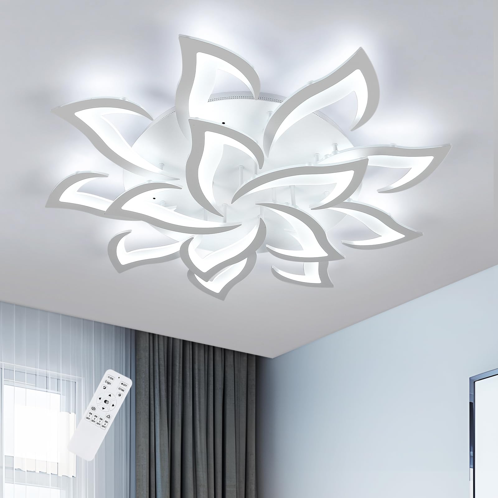 Goeco Lamparas de Techo LED Regulable, 84W Ø 96 CM Plafon LED Techo Forma de Floral con Mando a Distancia 3000K-6500K 14 Pétalos Lámpara de Araña Para Salon Dormitorio, Blanco