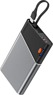 Aaoyun 10000mAh Slim Power Bank 22.5W PD Fast Charging with Built-in USB-C Cable for iPhone 17/16 Samsung S24 (Grey)