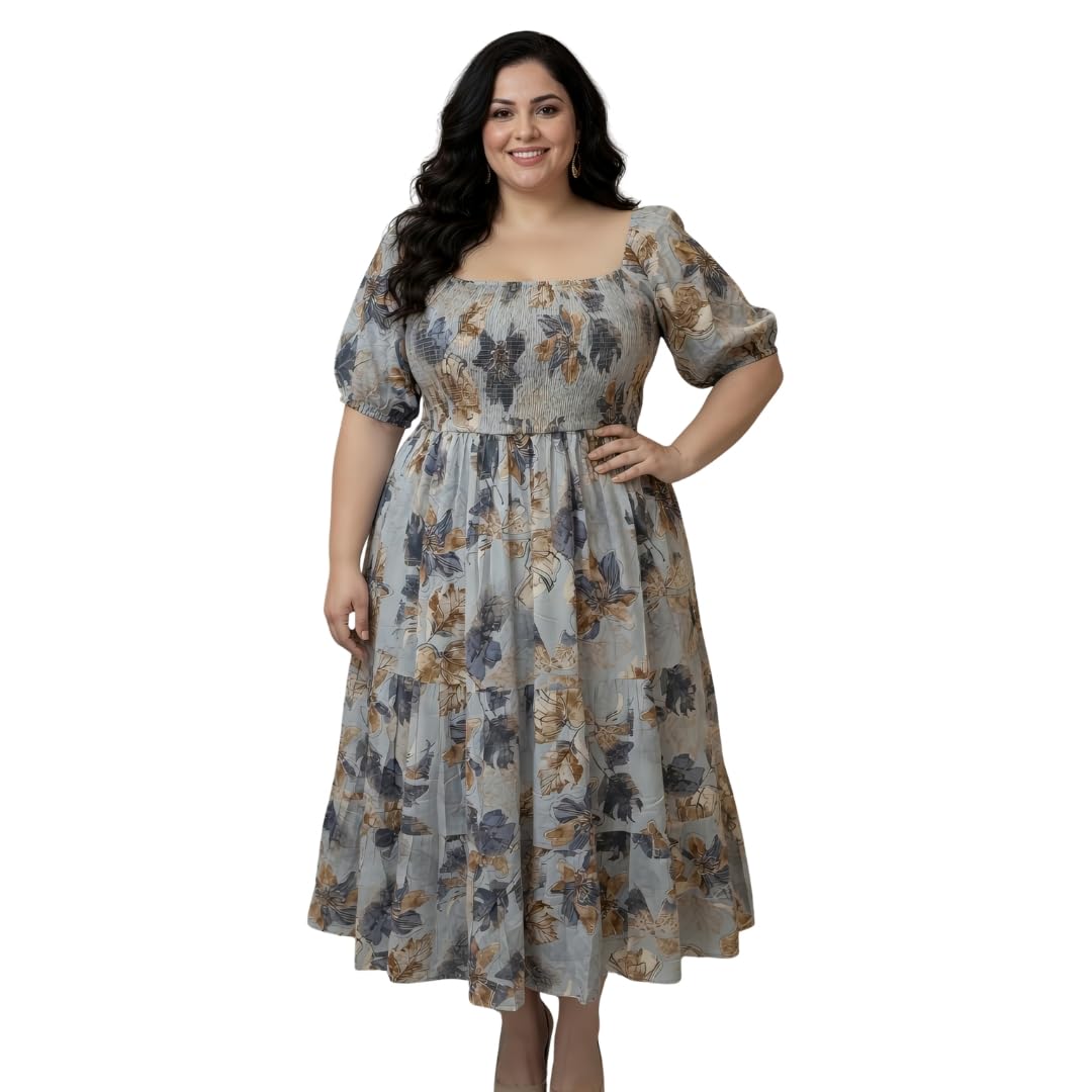Women's Plus Size Misty Bloom Smocked Maxi Dress, Square Neck, Short Puff Sleeves, Floral Print Flowy A-Line, Casual, Party & Summer Wear-image-33