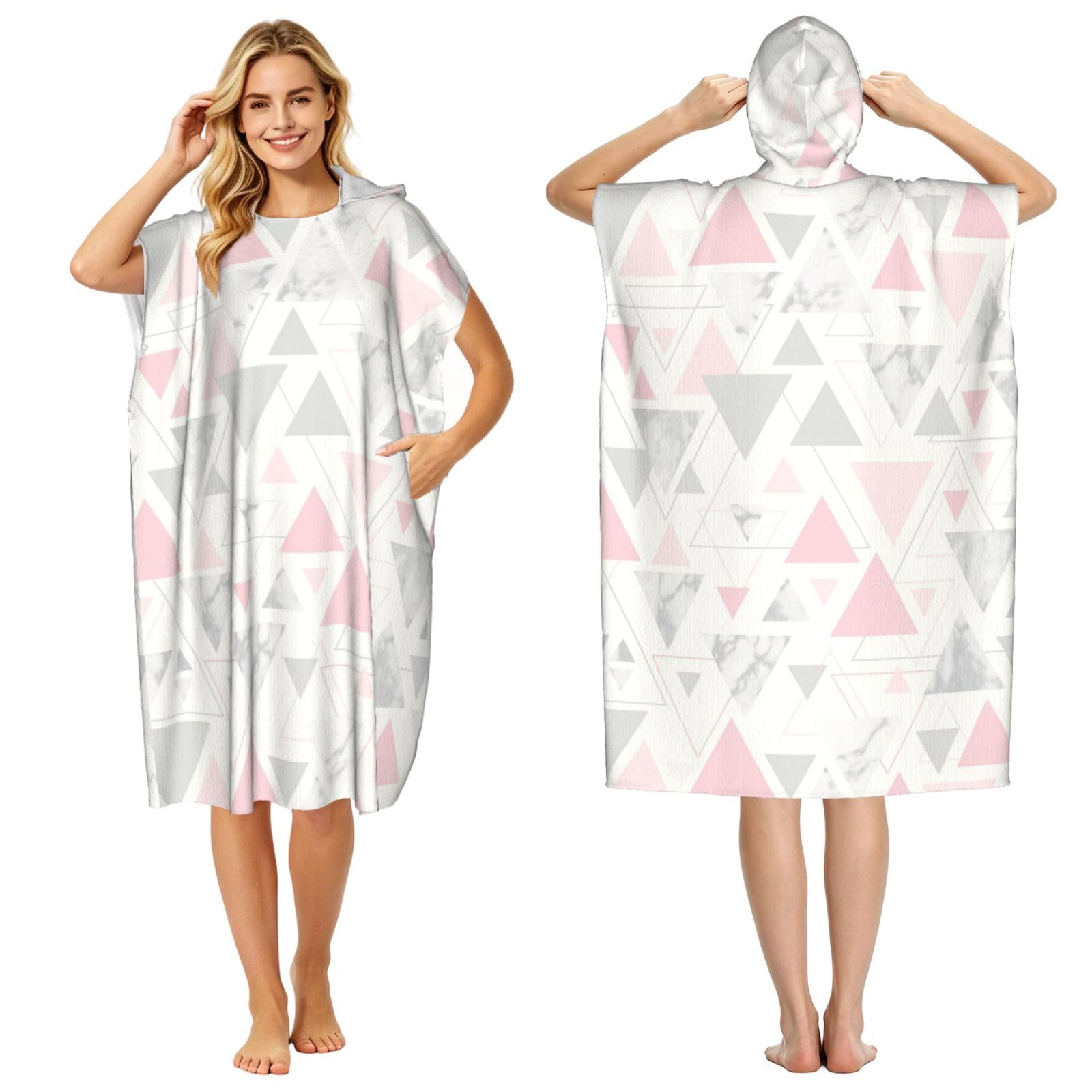 Poadnly Pink Grey Silver Geometric Triangle Marble, Adult Hooded Beach Towel 90 x 110 cm,Changing Bath Robe, Surf Poncho Towel For Women Men