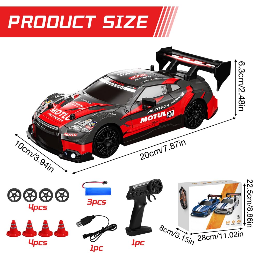Voiture Télécommandée Drift, 1:24 4WD RC Drift Car 30 km/h Voiture RC Car Jouets Voi-ture de Dérive Télécommandée voi-ture Radiocommandée Tout Terrain avec Lumières pour Garçon Fille Jouet