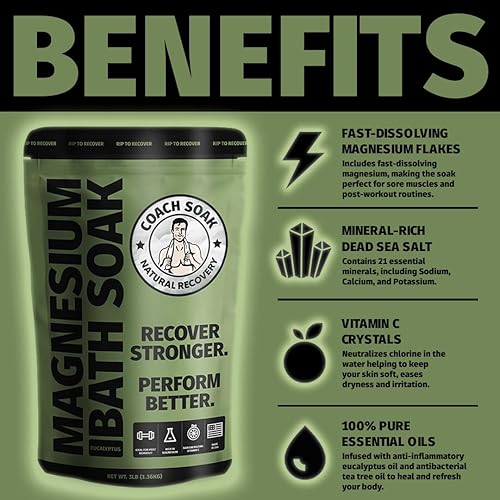 Miniatura 2 de Coach Soak Remojamiento de baño de recuperación hojuelas de magnesio natural rejuvenecedoras después del entrenamiento, 21 minerales, aceites