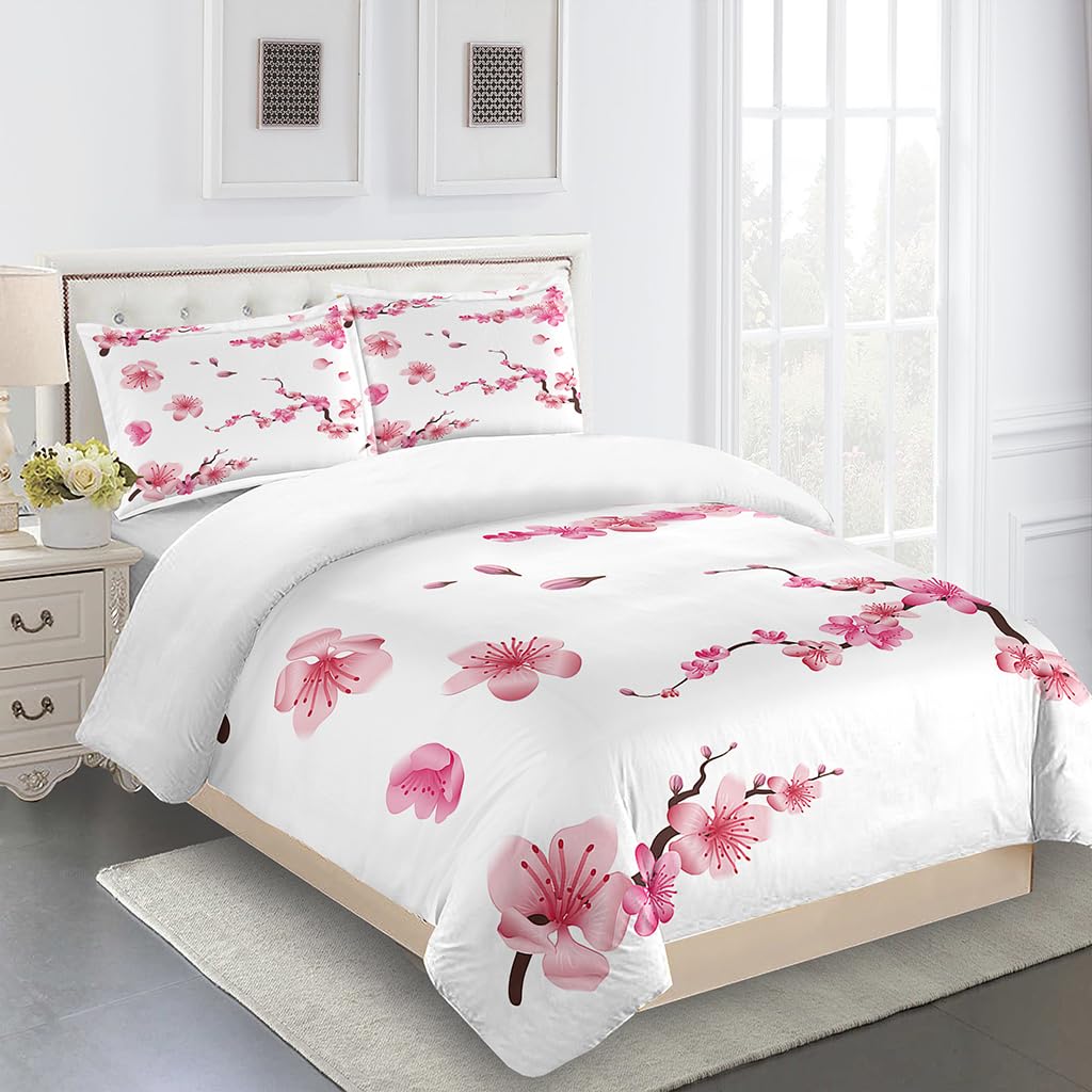 Fibra Extrafina Fundas Nórdicas Cama 150 Prevenir Alergia Con Cremallera Suave Y Cómodo Flores De Cerezo Funda Nordica 220 X 240 Impresión 3D Flores Funda De Edredón Con Dos Fundas De Almohada 40X75Cm