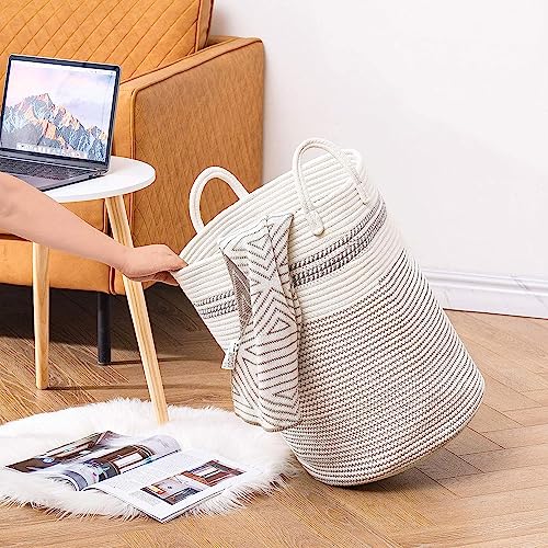 Image of Woven Rope Laundry Hamper Basket, Baby Nursery Hamper For Blanket Storage, Clothes Hamper For Laundry In Bedroom,Hall ( Tall (58L) (15 inchX15 inchX20 inch),(Stripe White))