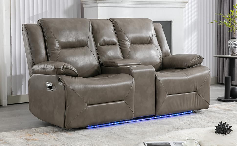 71" Leather Reclining Sofa with Cup Holders& LED Light Strip, Modern Manual RV Couch Sofa Wall Hugger Recliner Faux Leather Double Recliner Home Theater Seating, Grey