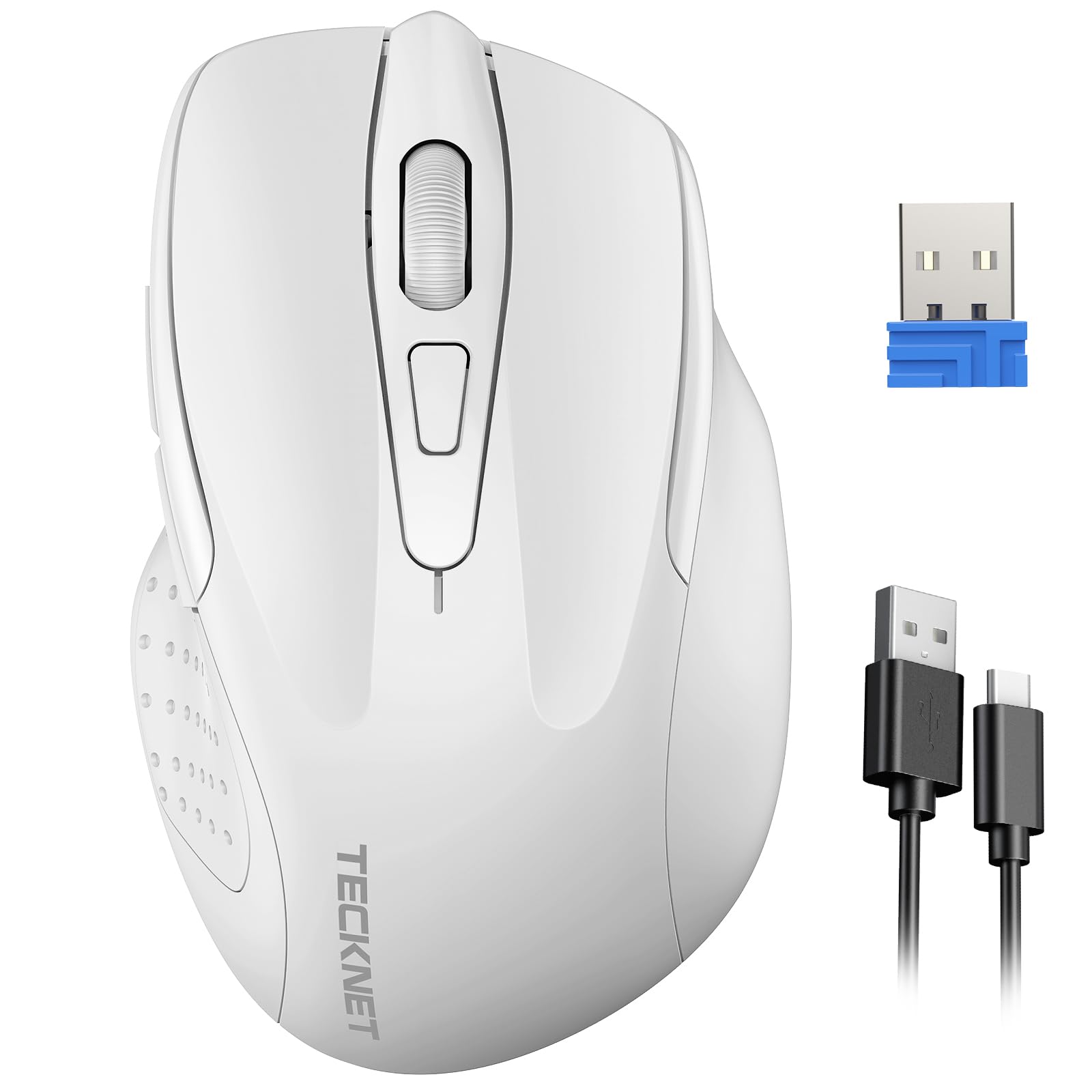 TECKNET Silent Kabellose Maus, Wiederaufladbar Funkmaus 4800 DPI, 2,4 GHz Optische Computer Maus für Laptop, PC, Mac, 6 Tasten, Weiß