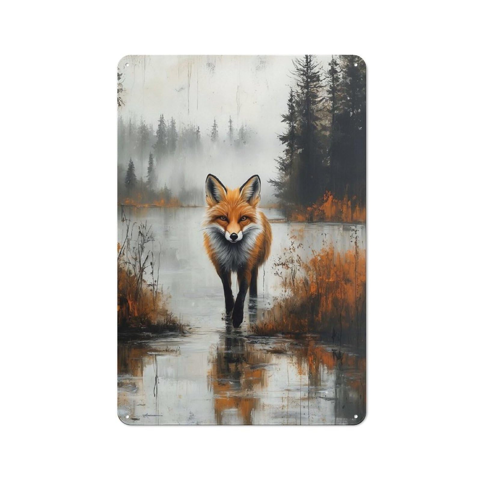 Junmoney Fox In Misty Lake Painting Vintage Tin Sign 30X20cm For Garden Room Or Summerhouse, For A Newly Organised Room And Metal Sign Display