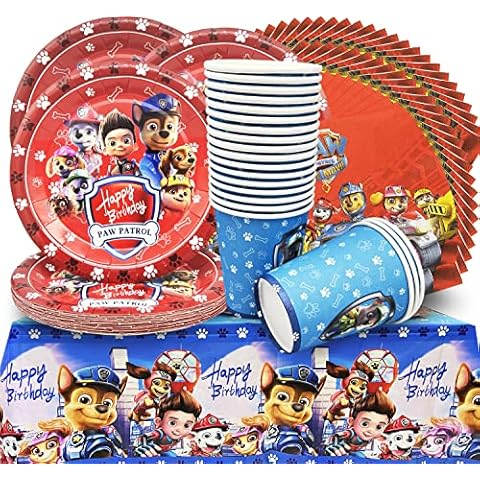 Doyomtoy Children's Birthday Decoration, Paw Dog Patrol Party Tableware Set, Plates Cups Napkins Tablecloth for 20 Guests Birthday Tableware Decoration Party Accessories Cover