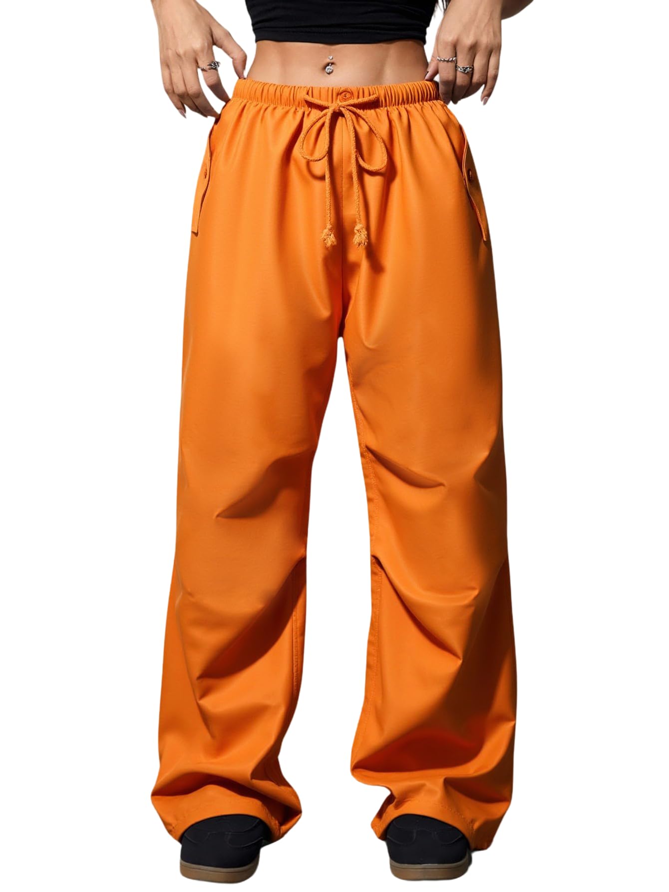 Womens Wide Leg Baggy Parachute Pants Y2k Drawstring Elastic Waist Trousers Streetwear