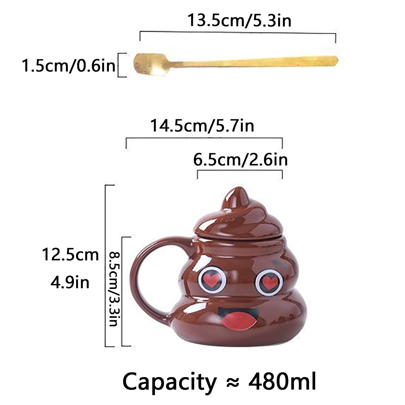 480ml / 16oz, Taza de Café Divertida con Forma de Caca, Taza Ceramica con Tapa y Cuchara, Creativa y Extravagante, Regalo de Broma Divertido para Hombres y Mujeres(Natural3)