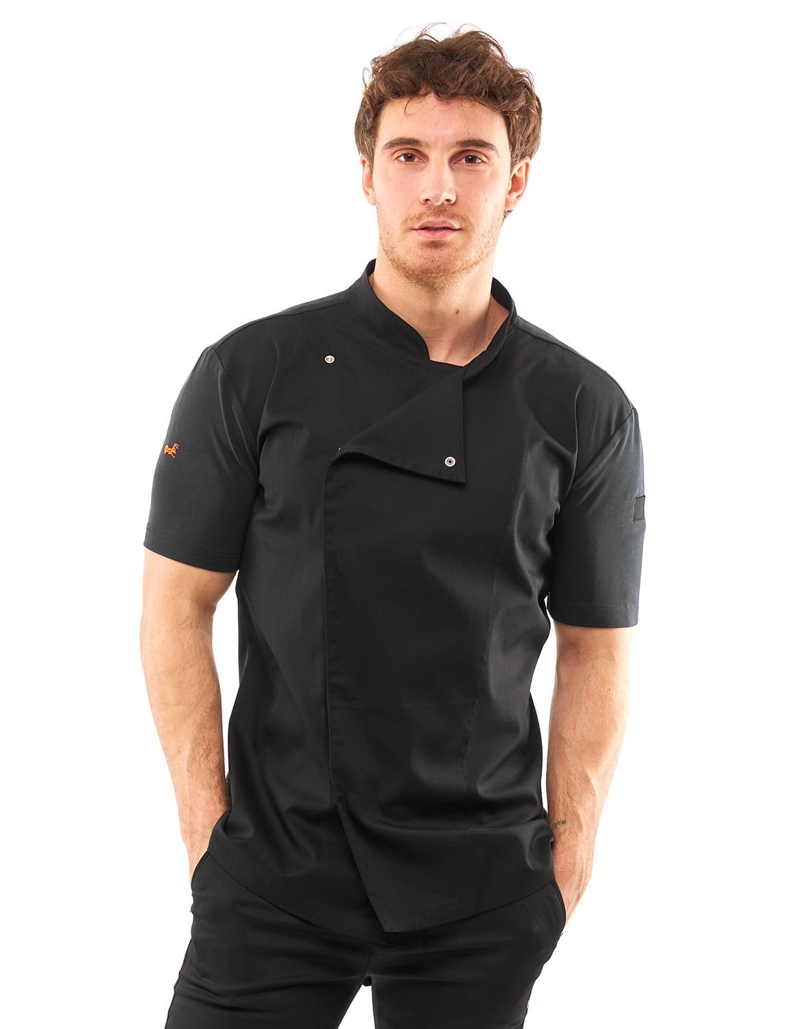 strongAnt Kochjacke Herren Kurzarm mit Druckknöpfen, Slim Fit, Stretch BW, Sommer Chef Uniform Jacket, Bäckerjacke - Modal - Schwarz, Größe: XS