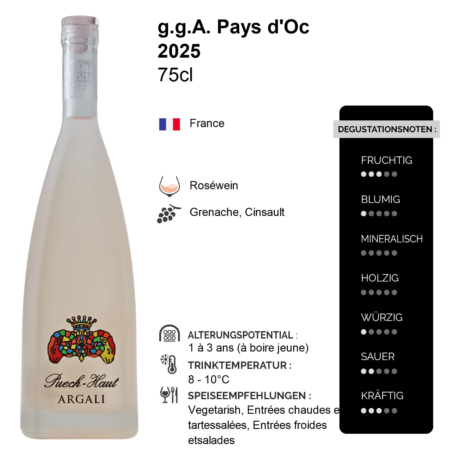 Puech-Haut Argali Roséwein 2025 - Château Puech Haut - g.g.A. Pays d'Oc - Languedoc - Roussillon Frankreich - Rebsorte Grenache, Cinsault - 6x75cl