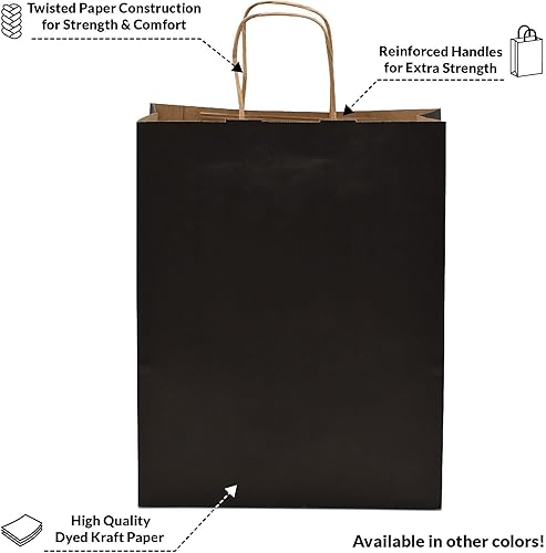 Miniatura 8 de Bolsas de papel negro  10 x 5 x 13 pulgadas, paquete de 50 bolsas de compras medianas de papel kraft con asas, bolsas de regalo para manualidades a