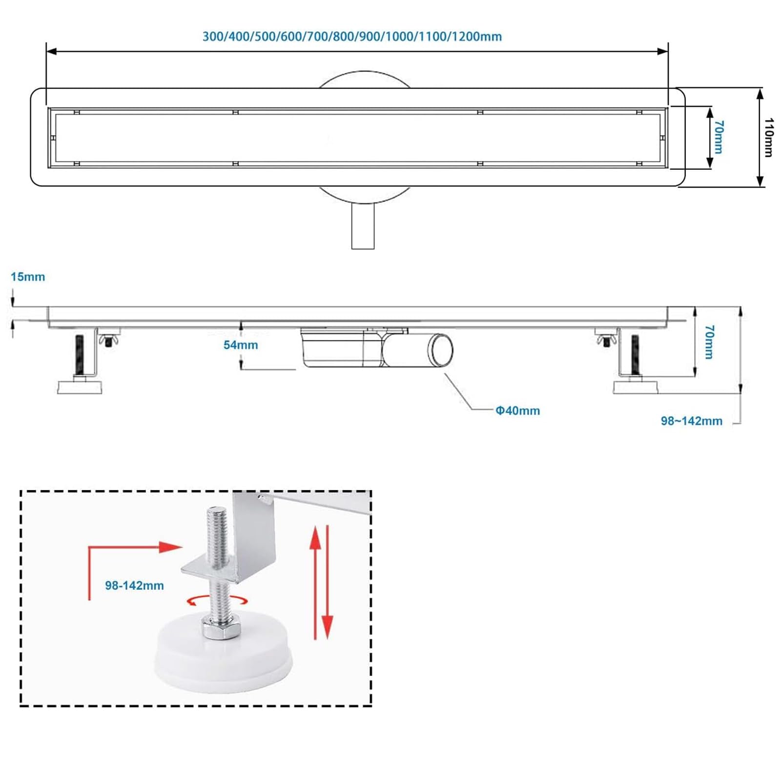 Canale doccia 90 cm, Nero Canale doccia piastrellato extra piatto, scarico pavimento in acciaio inox Set completo con filtro a sifone a 360°
