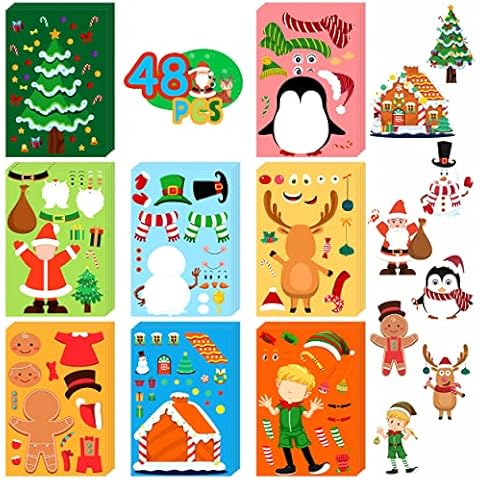 48 Sheets Christmas Stickers Crafts for Kids Toddlers, Make Your Own Christmas Stickers Christmas Goodie Treat Bag Stocking Stuffers Christmas Game Activities for Kids Toddlers Christmas Party Favors Cover