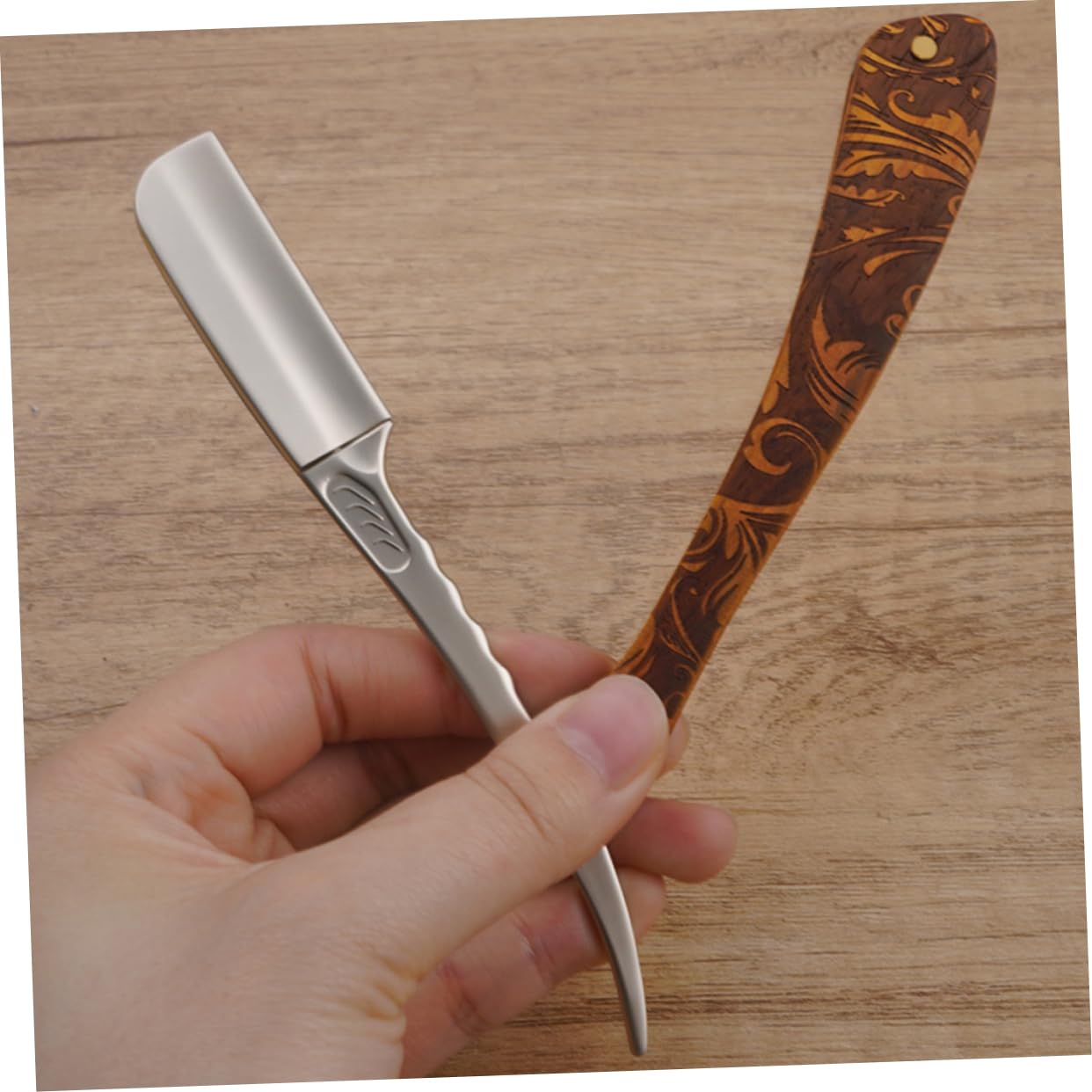 PLAFOPE Rasoio Professionale a Mano in Acciaio Inossidabile e Legno, Design Sicuro, Stile Vintage, per Barba, Uso Domestico e Parrucchiere