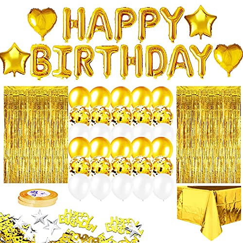 Gold Birthday Party Decorations Set for Girls Or Women,Happy Birthday Banner, Golden Fringe Curtain, Foil Tablecloth, Heart Star Foil Confetti Balloons Women Girls Birthday Princess Party