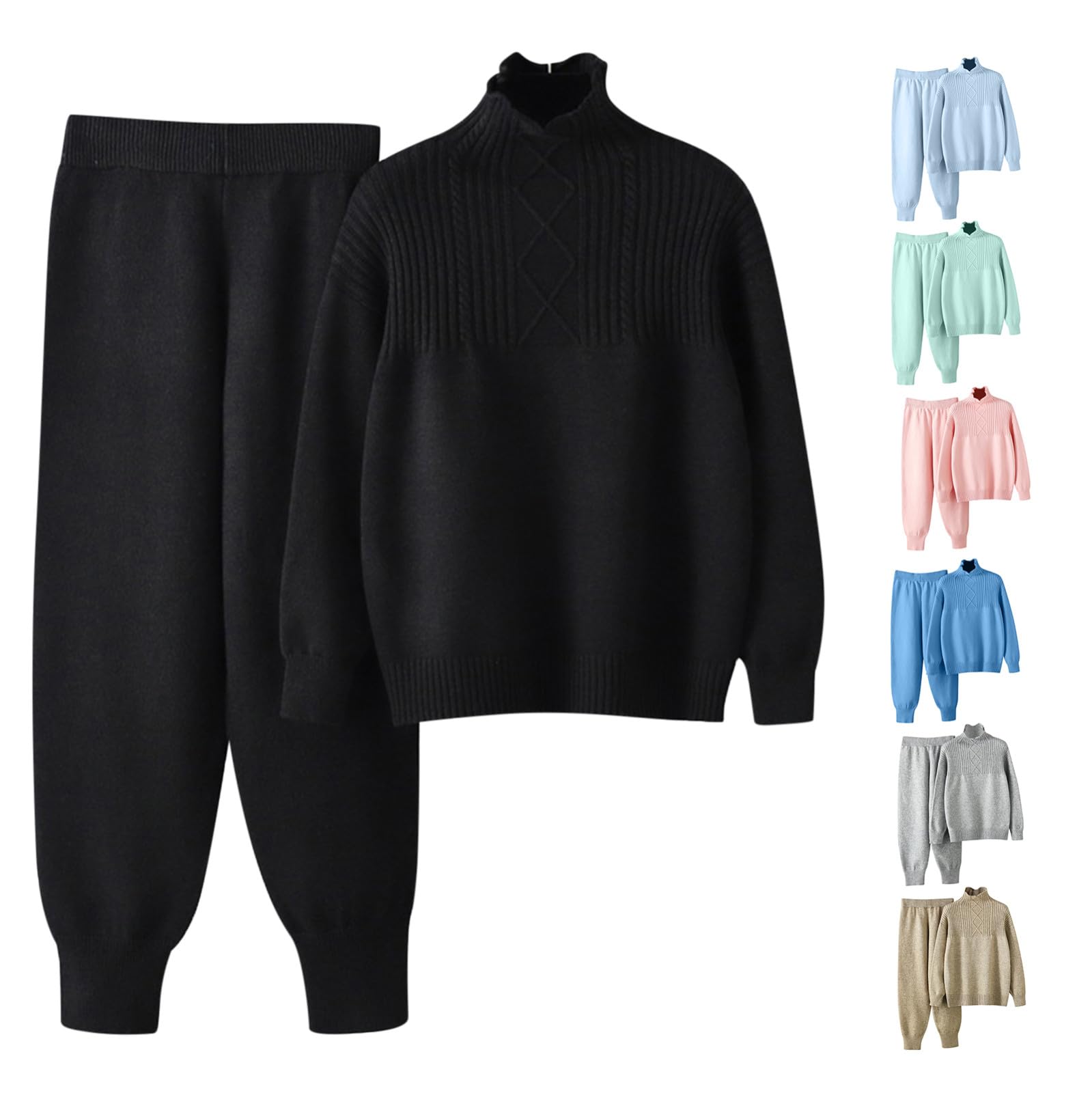Ensemble Tricot Femme 2 Pièces Ensemble de Sport Col Montant Longues Respirant et Confortable Knit Deux Pièce Maille Top et Pantalon Large Lounge Set Homewear
