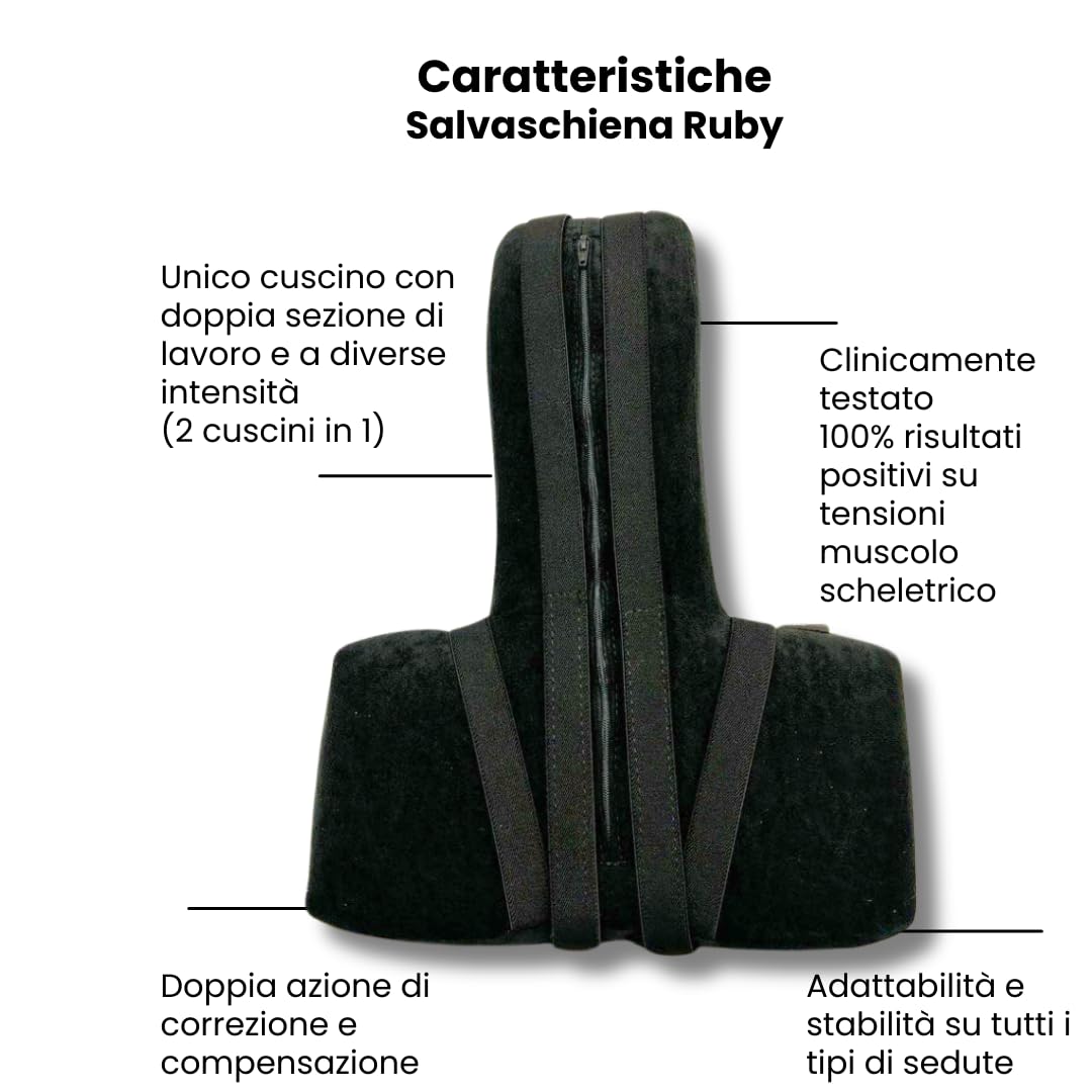 Cuscino sedia ufficio Ruby. Utile anche come cuscino lombare auto. Ruby è l'unico cuscino auto per il mal di schiena. Ideale per chi passa molto tempo seduto e vuole migliorare la postura scorretta.
