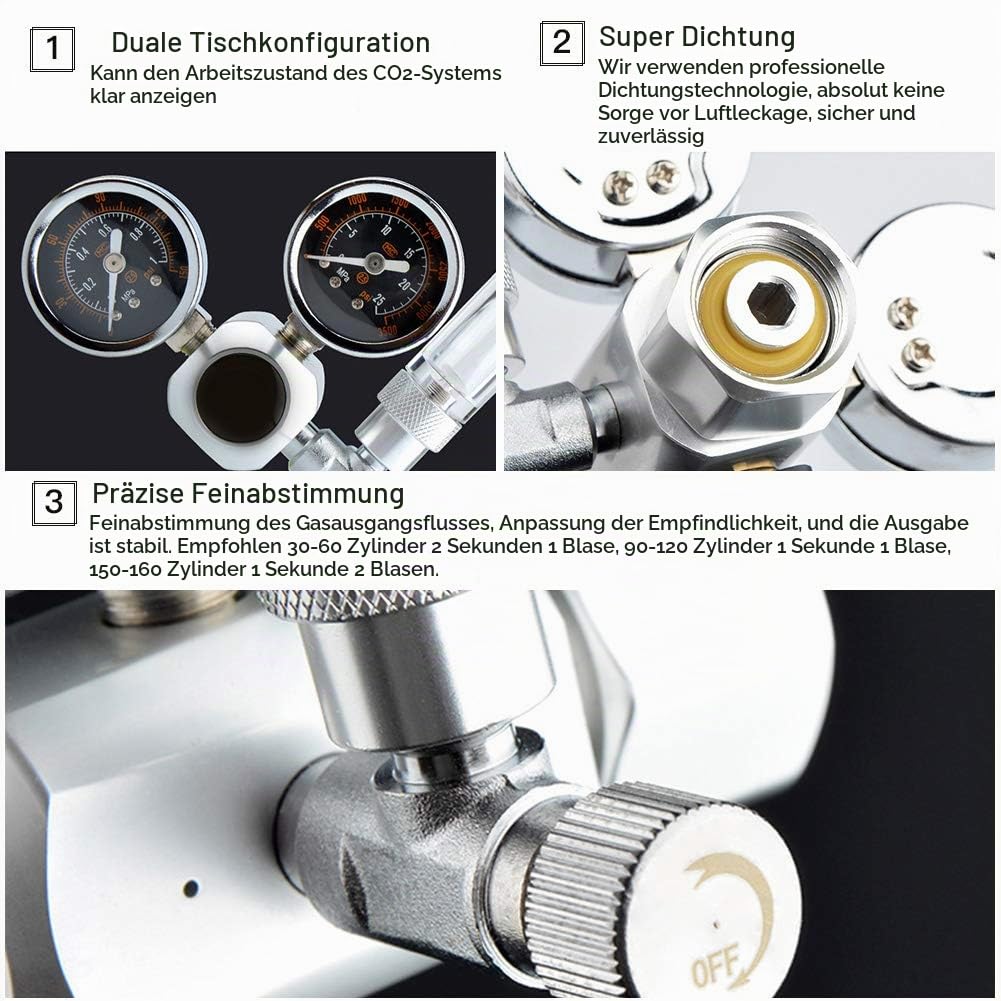 CO2 Druckminderer CO2 Aquarium Druckregler CO2 Druckregelventil mit 2 Manometern für Aquarium System