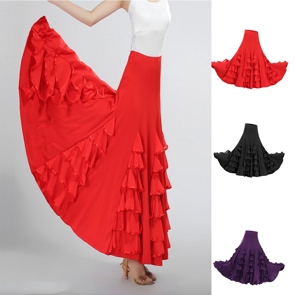 Latin Tanzkleid mit Langem Rock Flamenco Kleid Rock Und Square Dance Rock Aus Elastischer Polyesterfaser für Geschenk Heimdekoration Tanzkurs