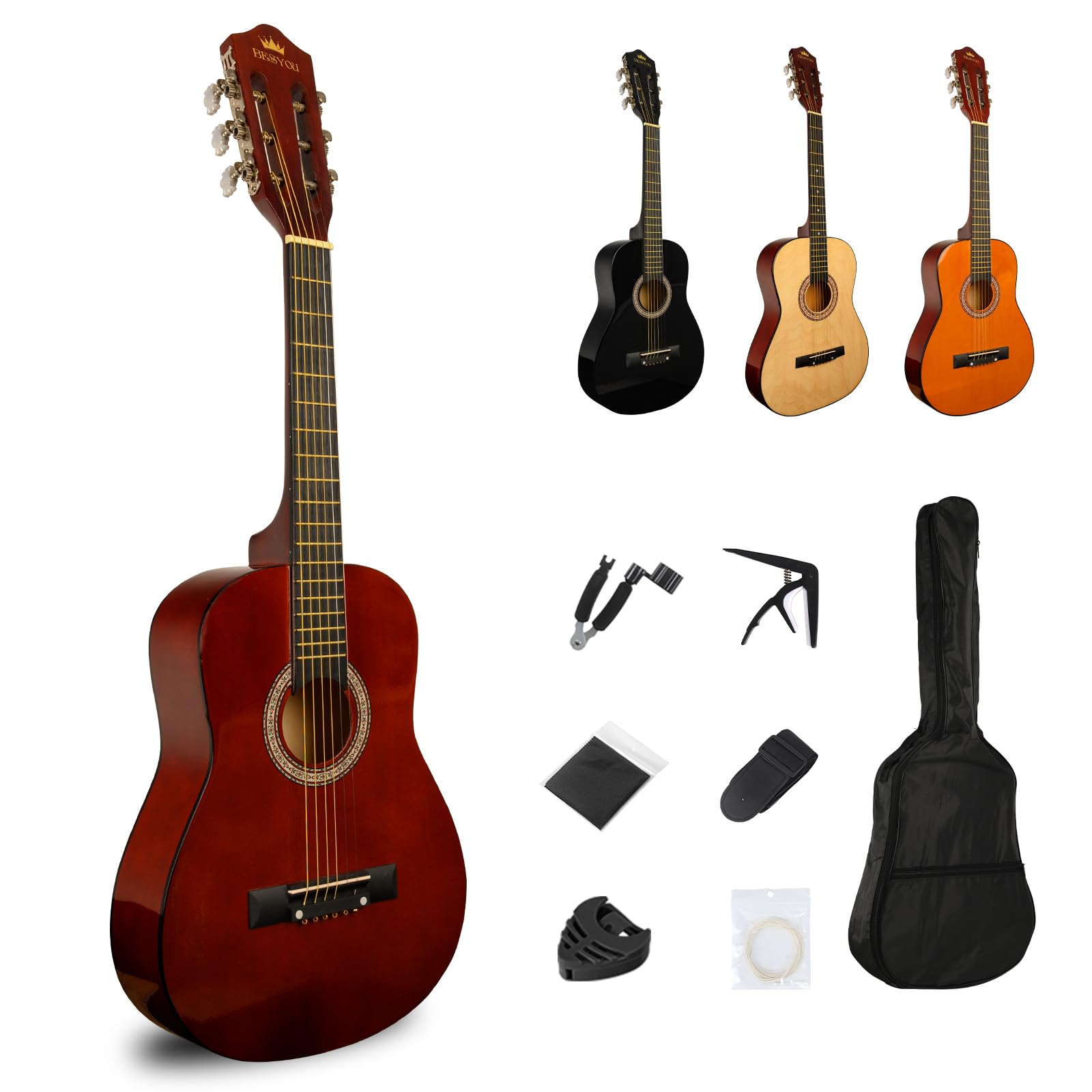 BESYOU 30in Beginner Acoustic Guitar Basic Starter Kit Bag Capo Strings Winders Strap Picks Student Kids Guitar Pickguard with Gig Bag Brwon