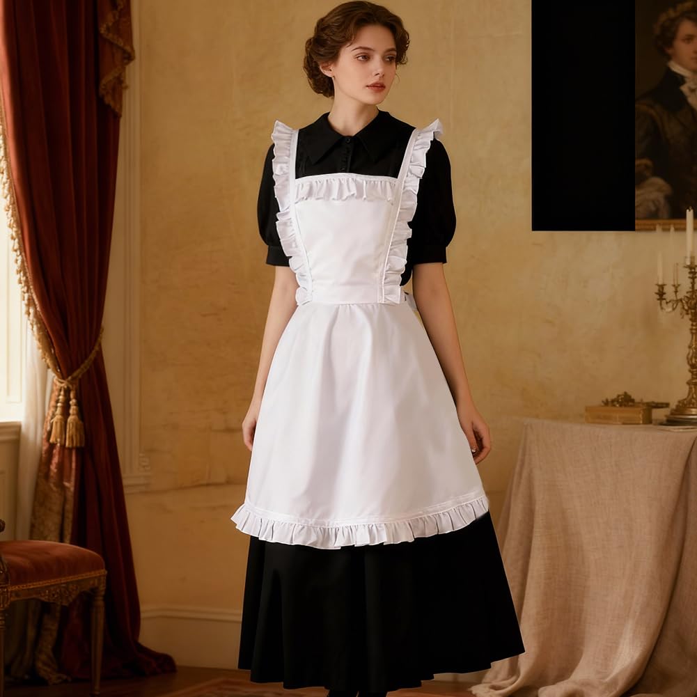 Cosysparks Maid Costume for Women White Apron for Women Classic Frilly Apron Maid Outfit Aprons Fancy Dress Costumes for Kitchen Party Favors Halloween Cosplay - Image 2