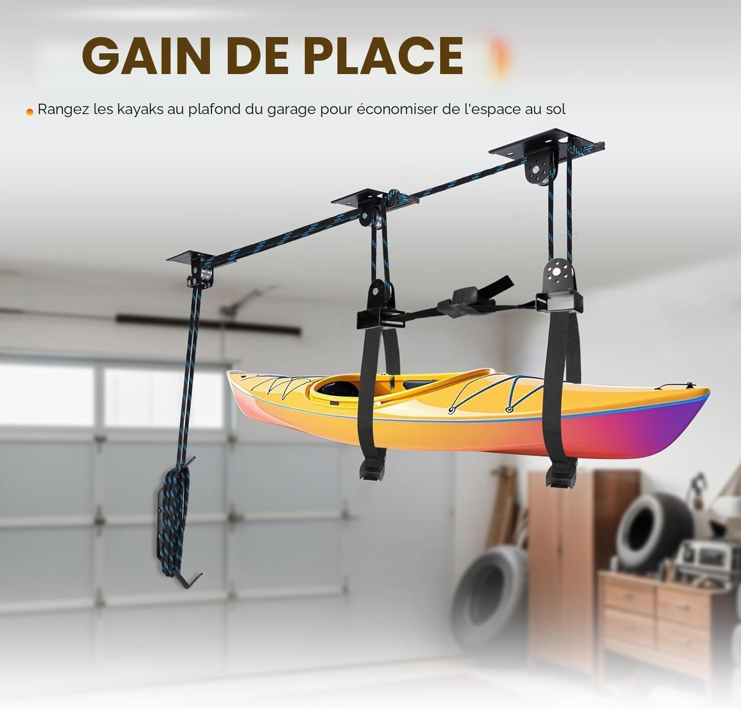Hikeen Système de Stockage Kayak Plafond: Système de Poulie de Levage pour Kayak Palan Manuel pour Rangement de Kayak avec Capacité de 68KG, Rangement Plafond Garage comme Support Velo Plafond