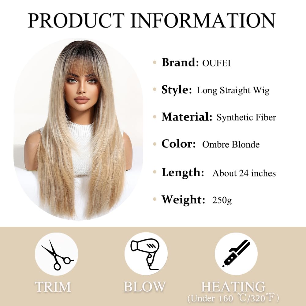 OUFEI Ombre Blonde Wigs for Women with Bangs Long Natural Straight Synthetic Hair Heat Resistant Wigs for Daily Party Cosplay Wear - Image 2