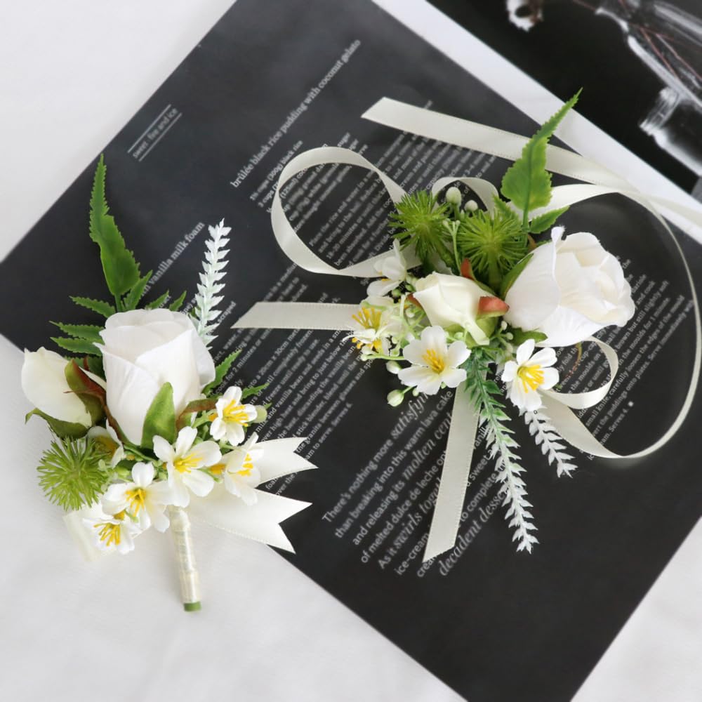 Zestaw bransoletek z kwiatami róż, dla mężczyzn i kobiet, 6 sztuk jedwabnych kwiatów + 6 sztuk różanych dekoracji, broszka, gorset, ręcznie kwiat, boutonnierka dla gości weselnych