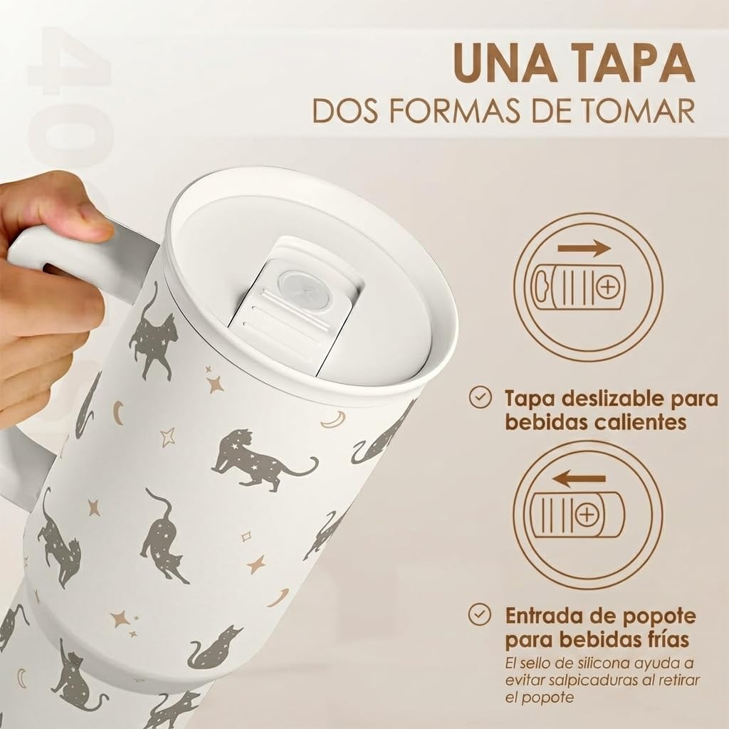 Regalo para los amantes de los gatos, gato mamá, vaso de acero inoxidable de 40 onzas con asa y pajita, taza de café de viaje para mujeres, regalo para cumpleaños, Navidad