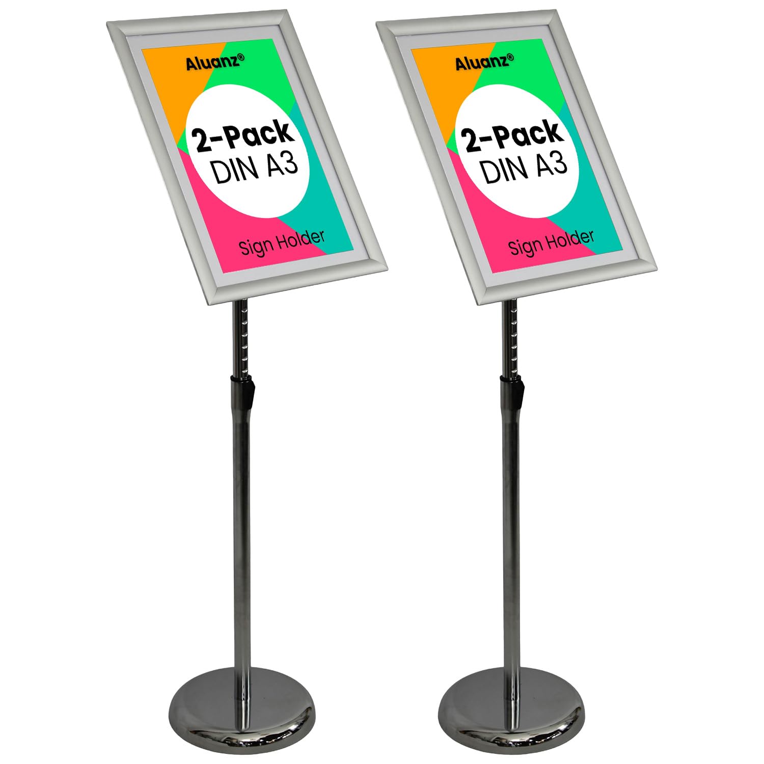 Soporte Informativo A3 Regulable, Plateado, Pack de 2 | Base de Aluminio con Marco Giratorio, Altura Ajustable de 70 a 125 cm